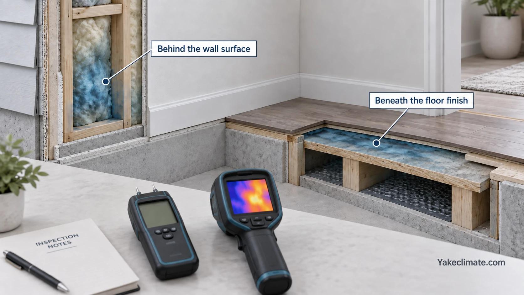 Cutaway showing concealed moisture behind a wall surface and beneath a floor finish, with inspection tools nearby.
