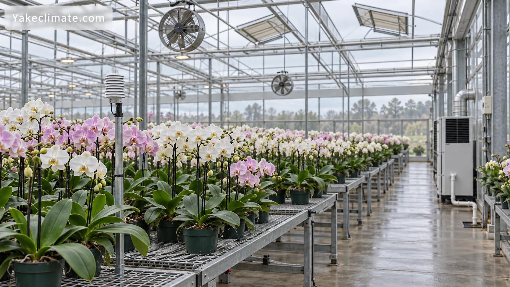Conceptual commercial orchid greenhouse with potted orchids, crop-zone sensor and generic air-treatment equipment; not a Yakeclimate project photograph