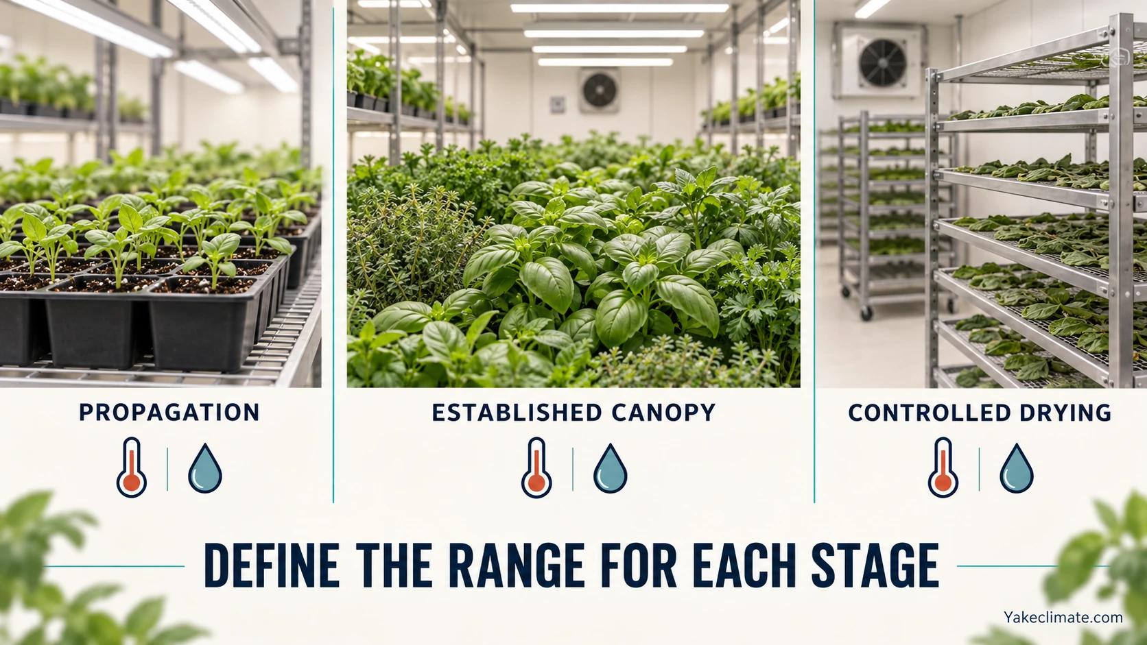 Propagation trays, an established leafy canopy and harvested leaves on drying racks represent three environmental stages.