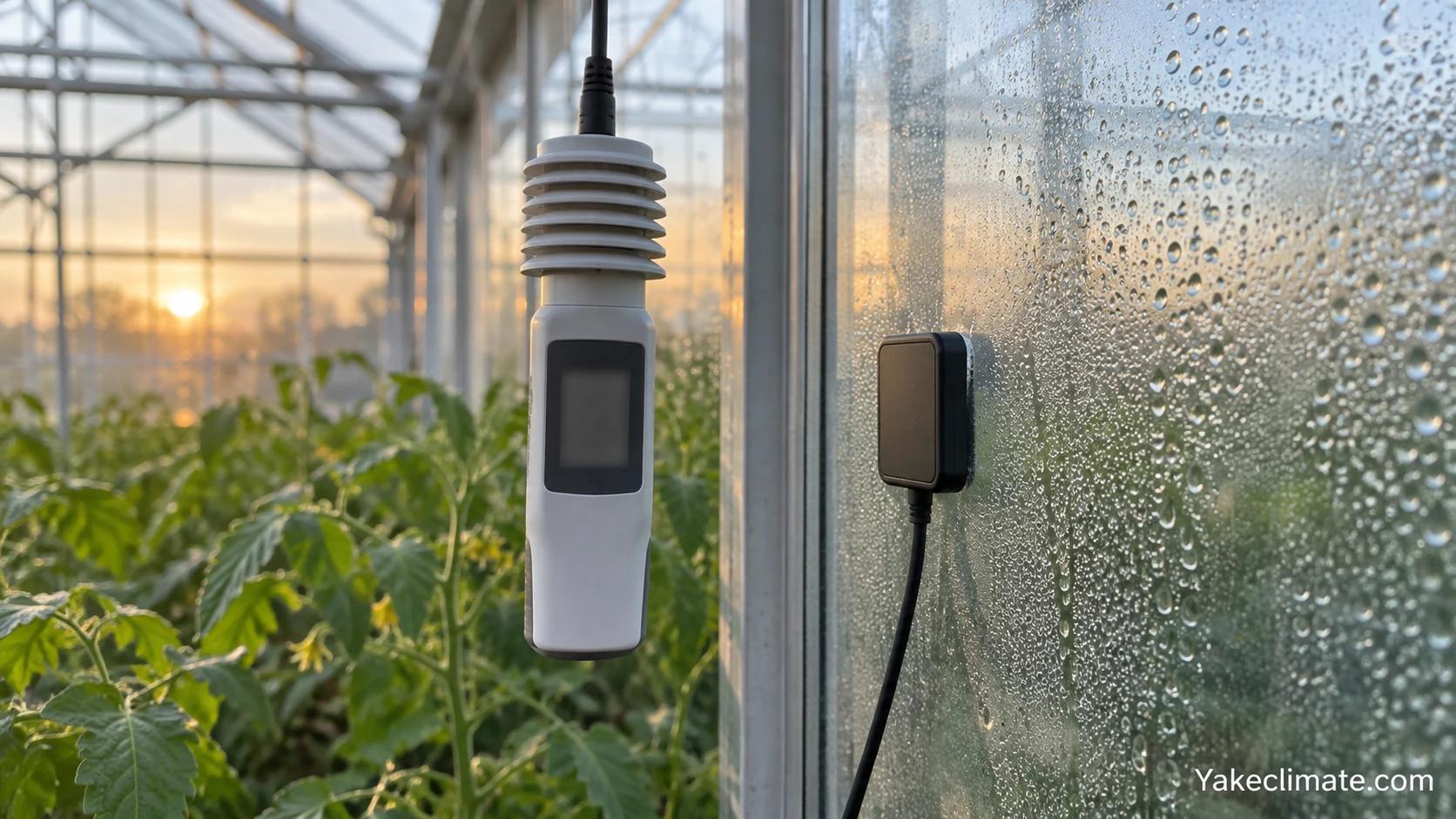 Separate air temperature and humidity probe beside a contact temperature sensor on greenhouse glazing with condensation.