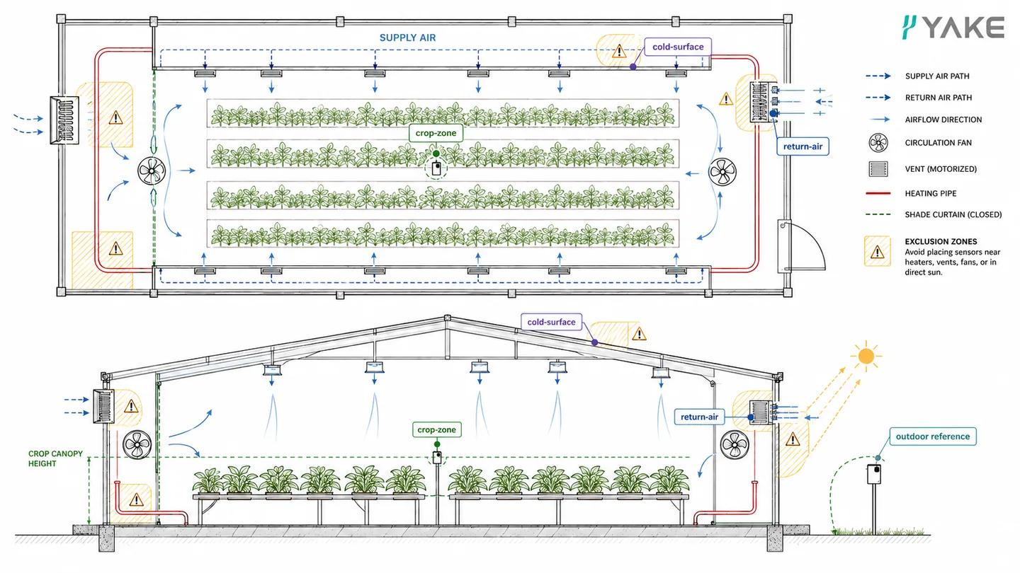 Greenhouse humidity sensor placement zones: crop-zone, cold-surface, return-air and outdoor reference points, with heater, vent, fan and sun exclusion areas.