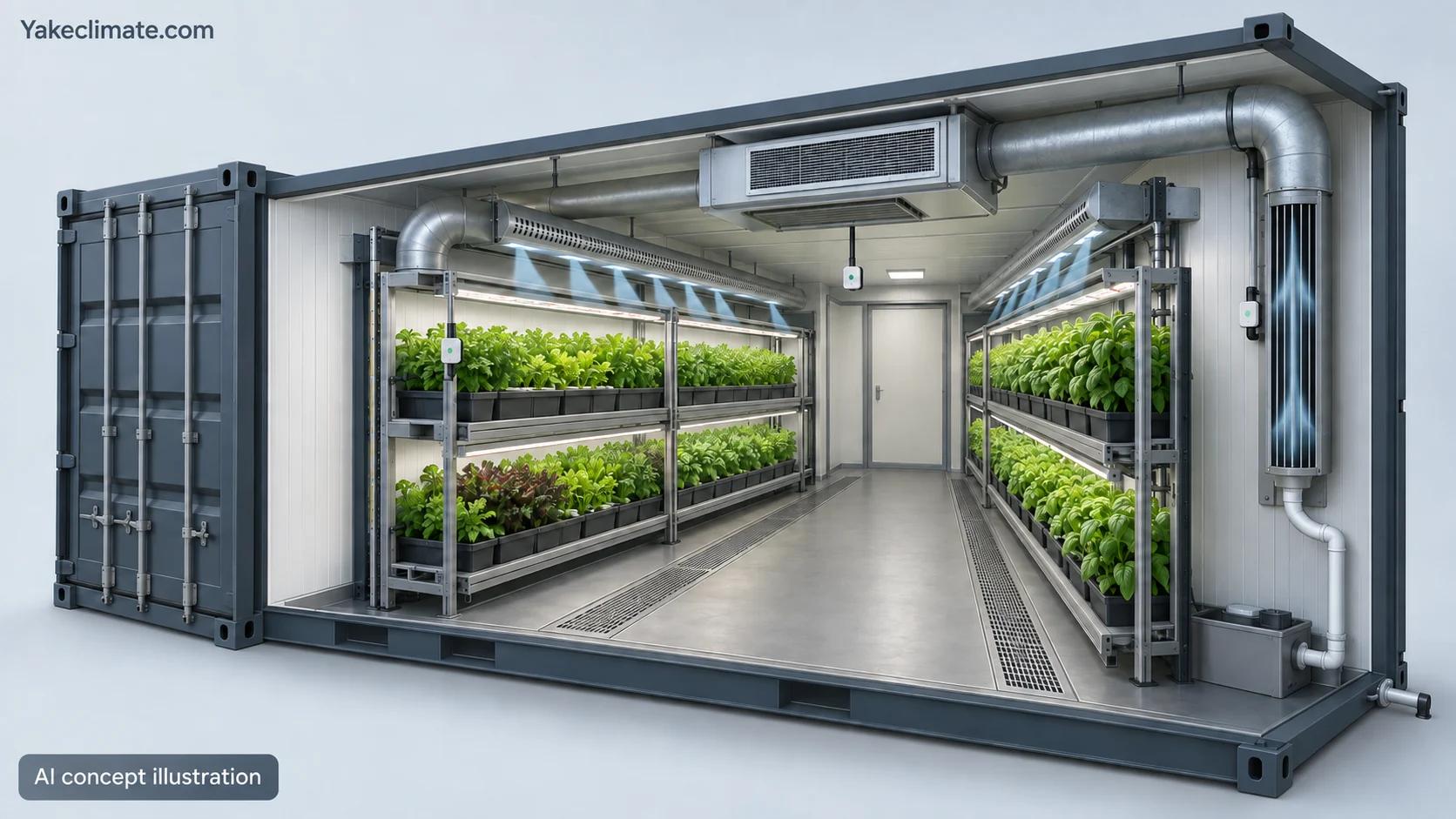 Conceptual illustration of a multi-rack shipping-container indoor farm with climate equipment; not an actual Yakeclimate installation or approved air, drain or electrical design