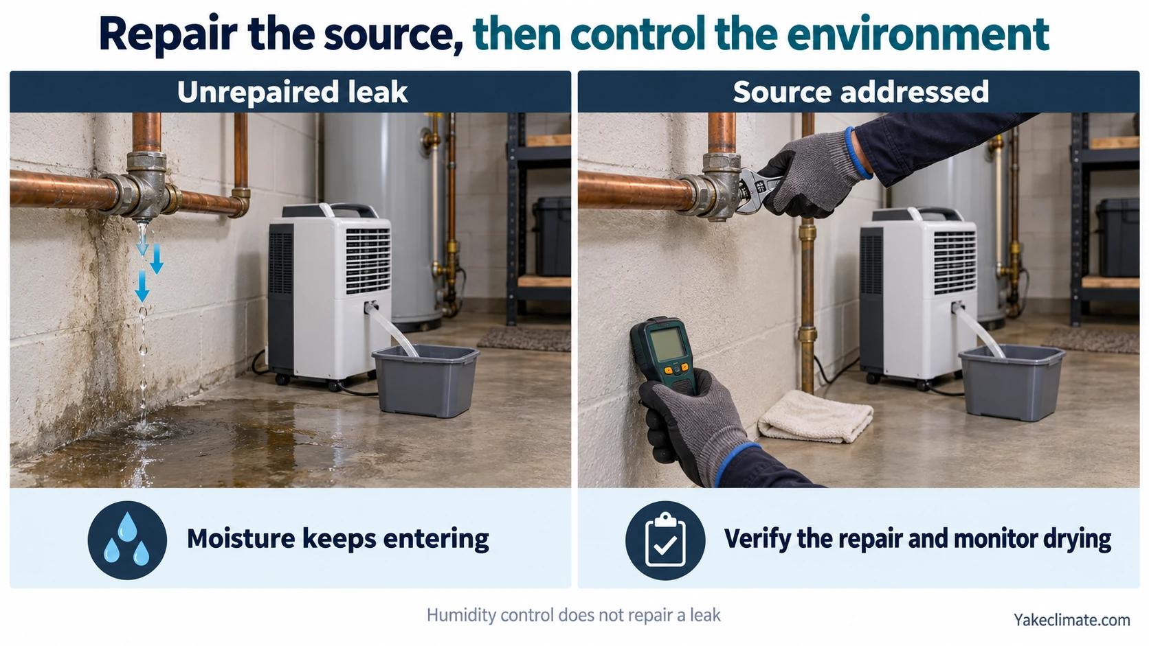 Leaking pipe beside a dehumidifier compared with a repaired joint and material-moisture verification during residual drying.