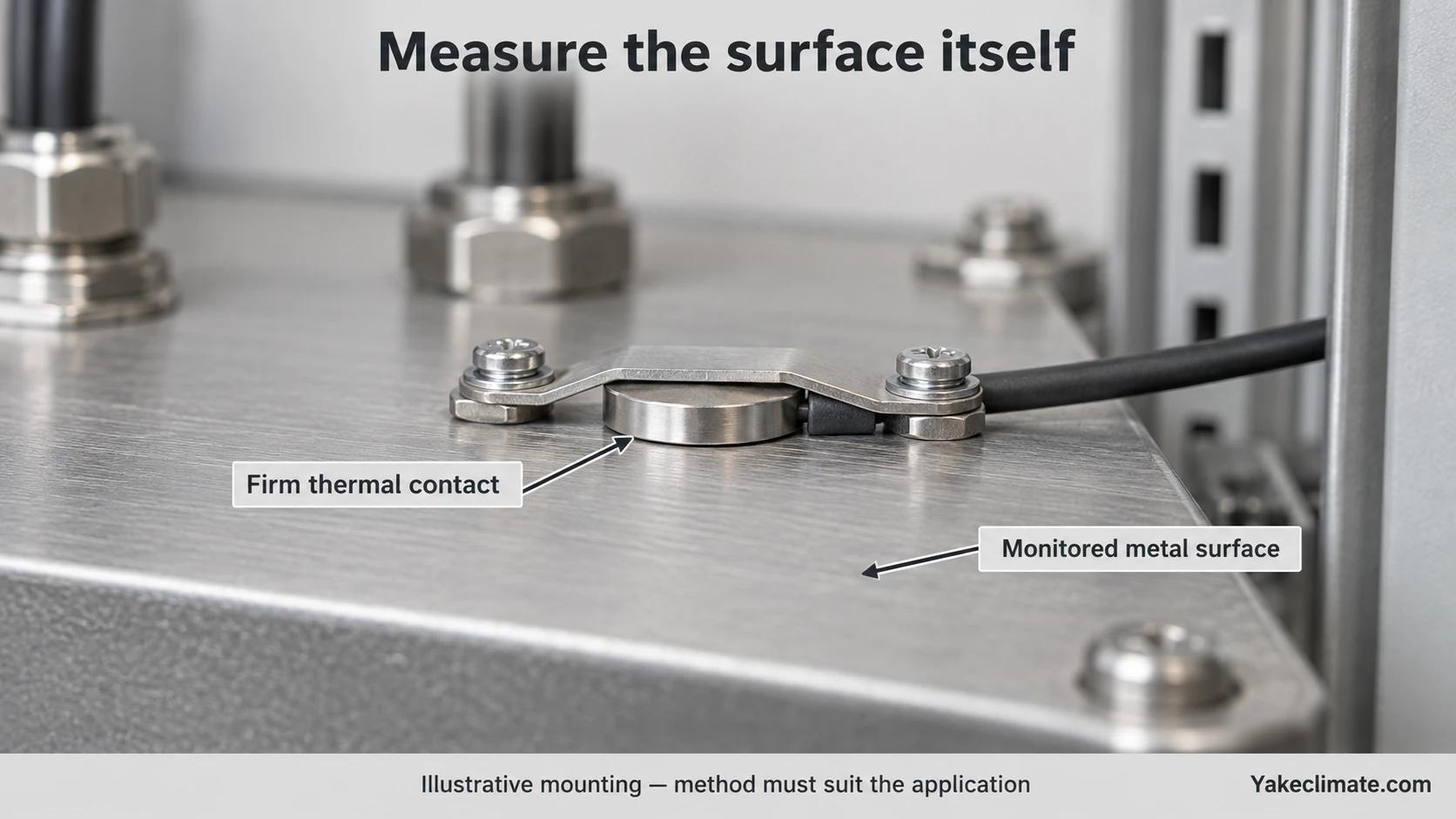 Illustrative flat surface-temperature probe held firmly against a metal gland plate by a retaining strap.