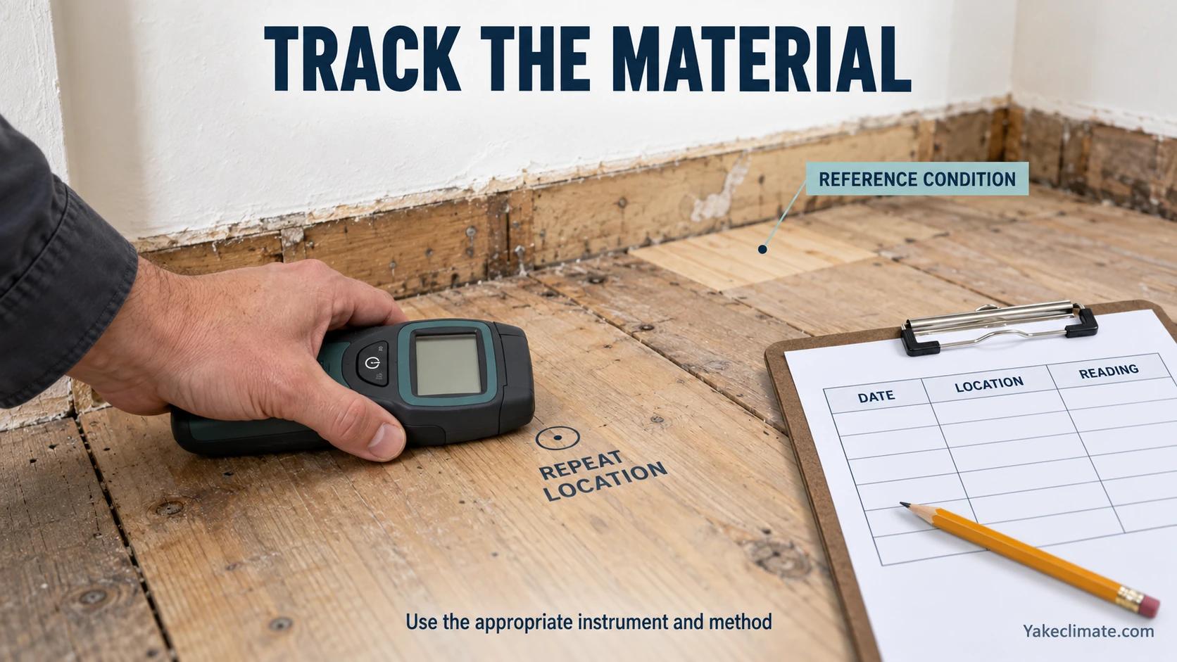 A moisture meter, marked measurement point and blank record sheet illustrate repeatable material checks.