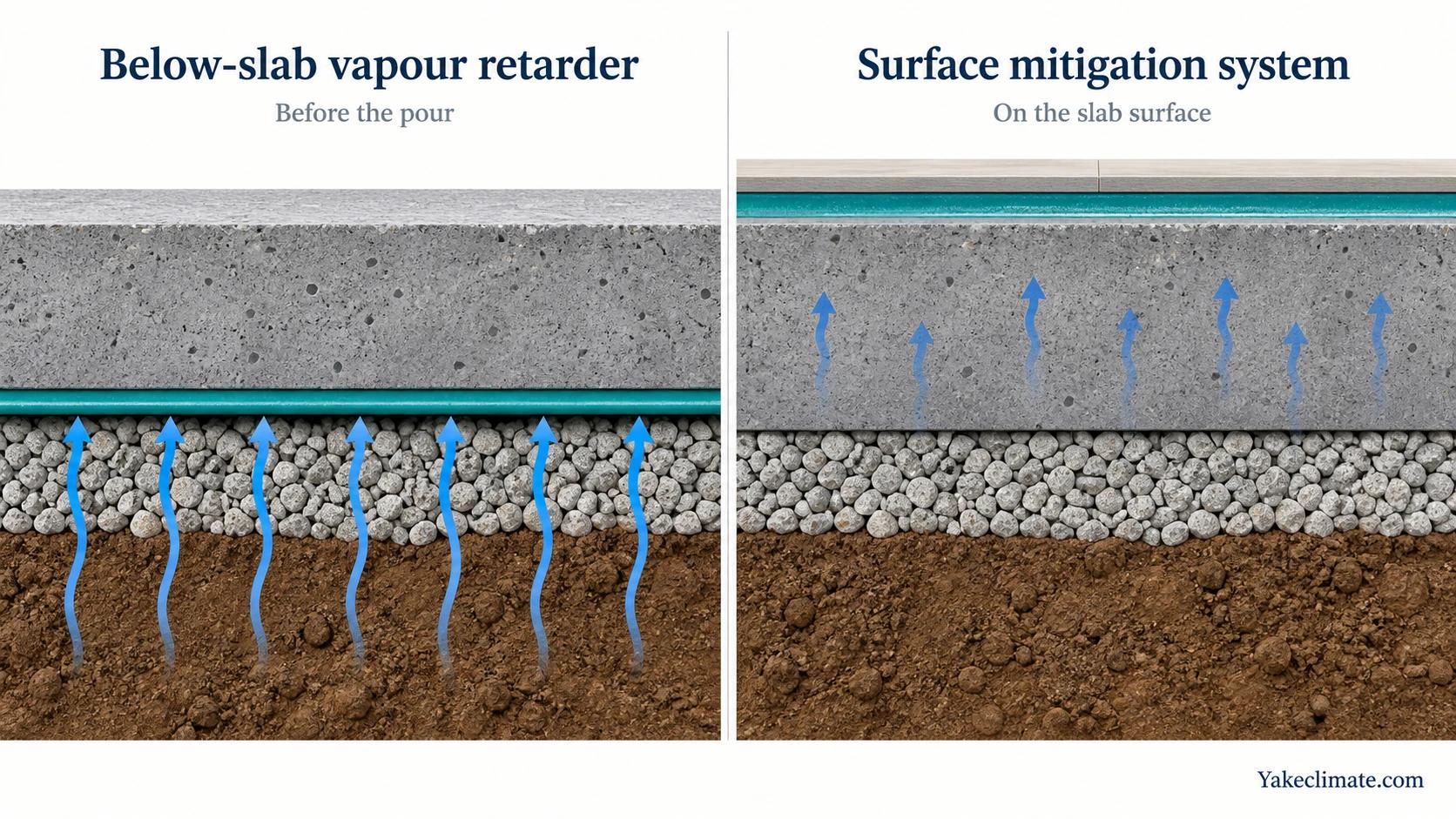 Concrete cross-sections comparing a below-slab vapour retarder with a surface moisture mitigation layer.