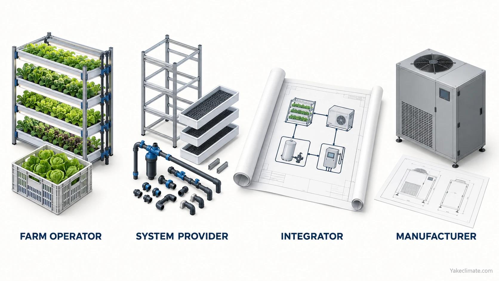 Four equal scenes representing a farm operator, system provider, integrator and equipment manufacturer.