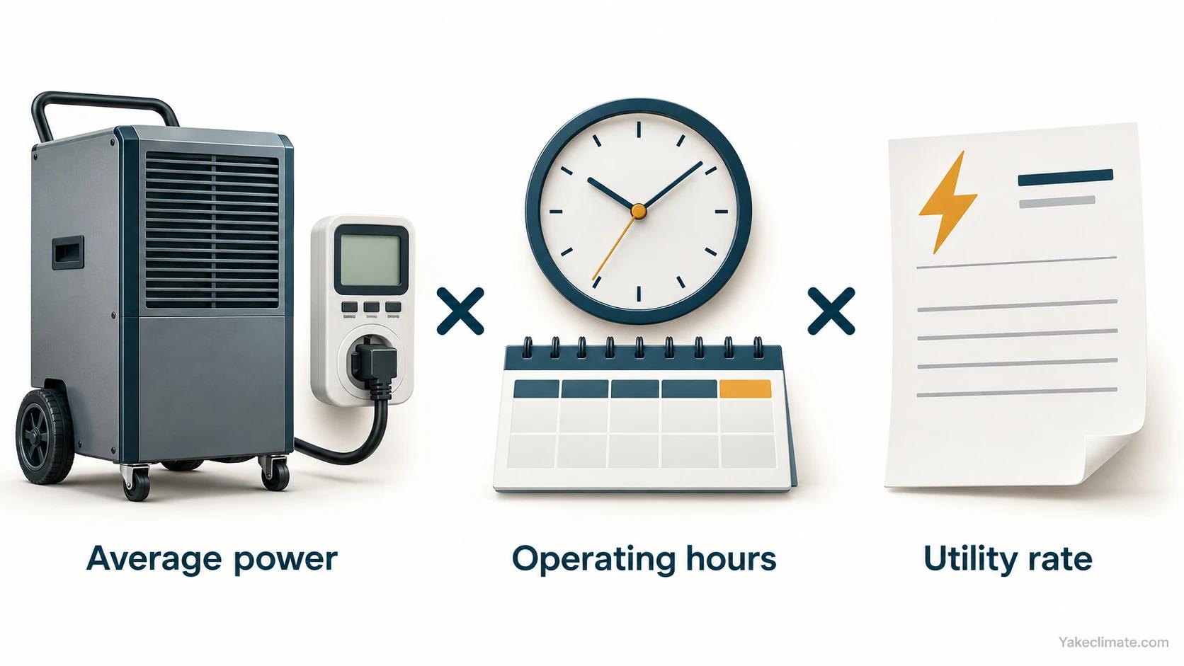 Average power meter, operating-hours clock and calendar, and utility-rate invoice as running-cost inputs.