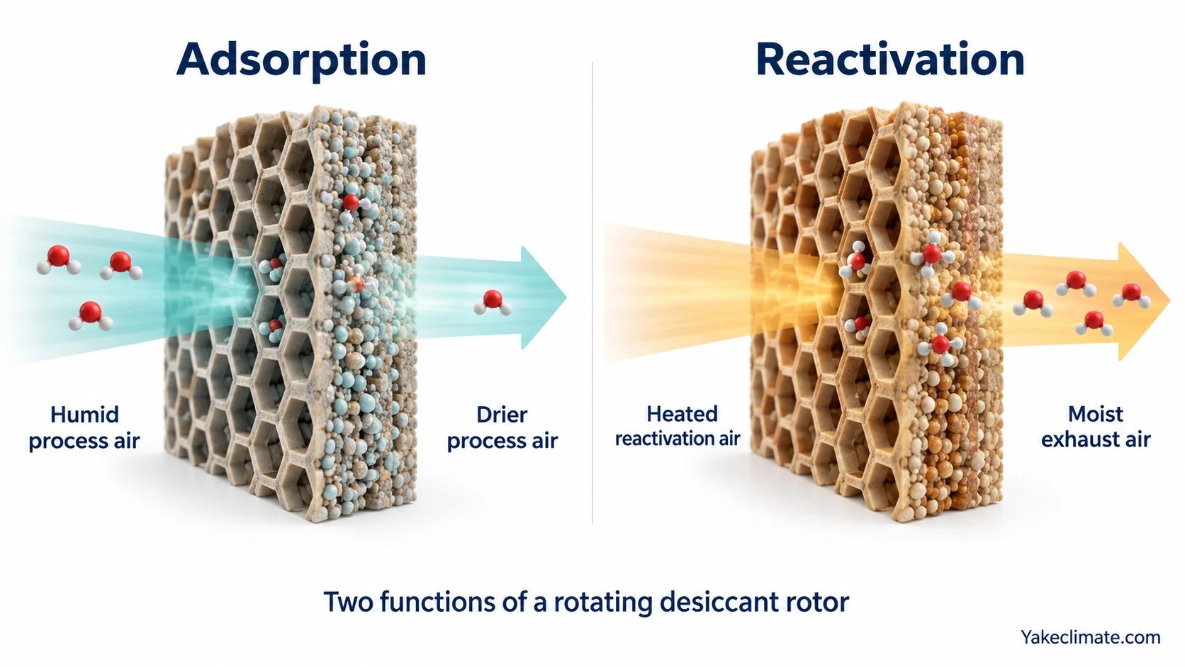 Separate desiccant media illustrations show process-air adsorption and heated-air reactivation with moist exhaust.