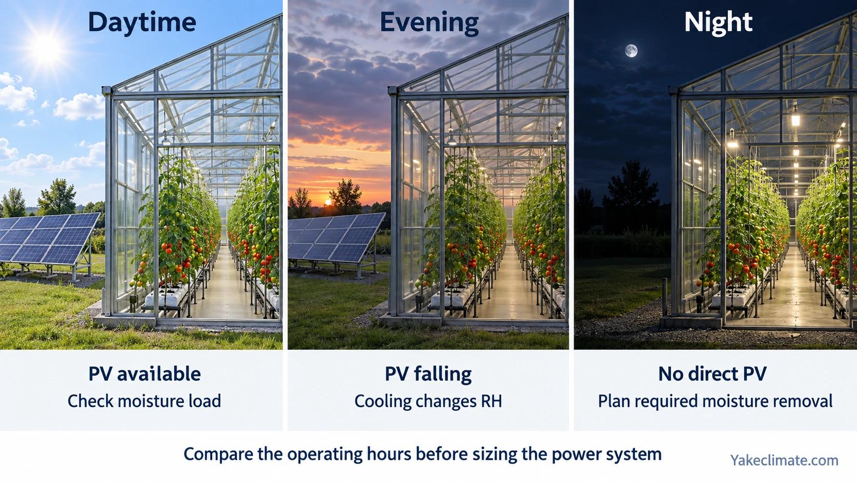 The same greenhouse during daytime, evening and night, comparing PV availability with moisture-control planning.