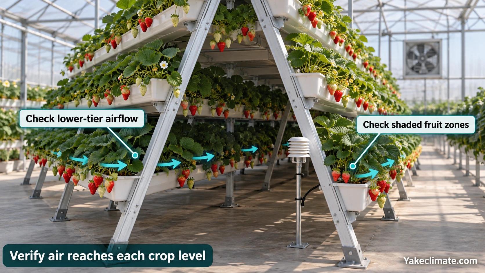 Conceptual multi-level strawberry growing frame with airflow arrows along lower fruit zones and a crop-height sensor near shaded tiers.
