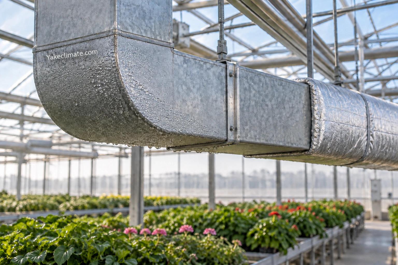 AI-created conceptual illustration of a greenhouse air duct with moisture on its outer elbow, a joint and an insulated section