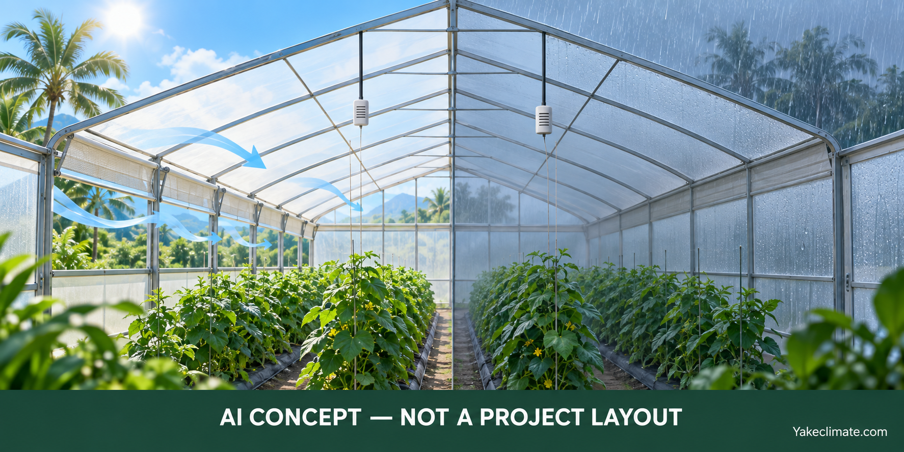 Conceptual illustration of a tropical greenhouse shown in a bright ventilated mode and a rainy enclosed mode; not an actual Yakeclimate project layout.