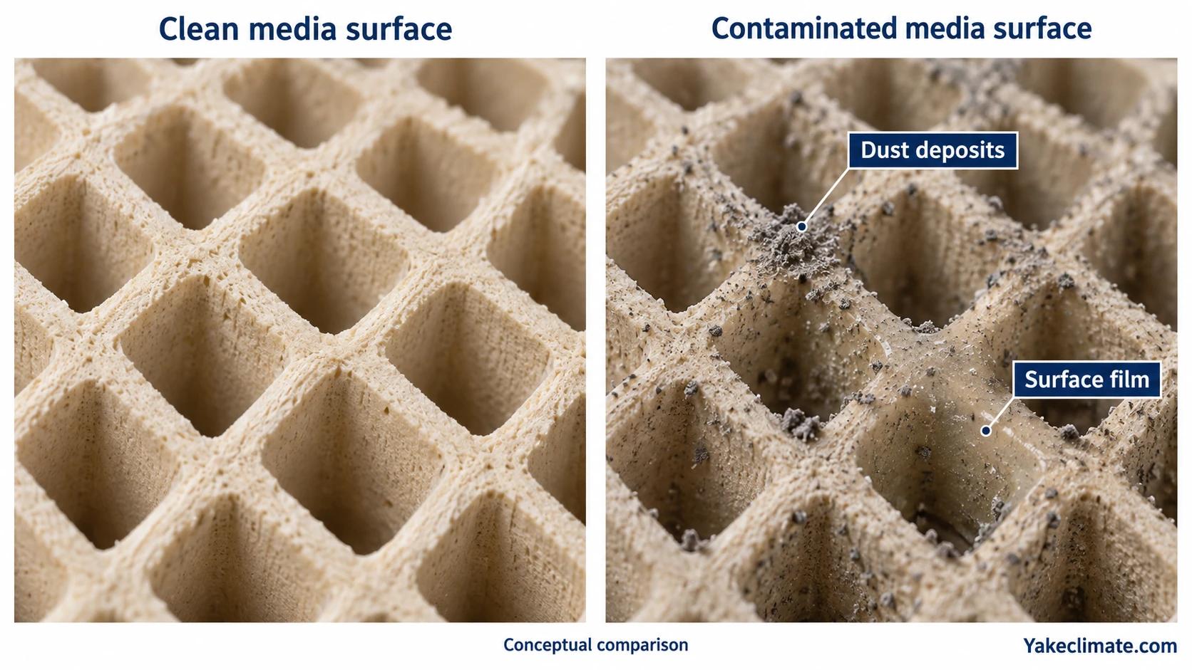 Conceptual comparison of clean honeycomb media and media with dust deposits and a surface film.