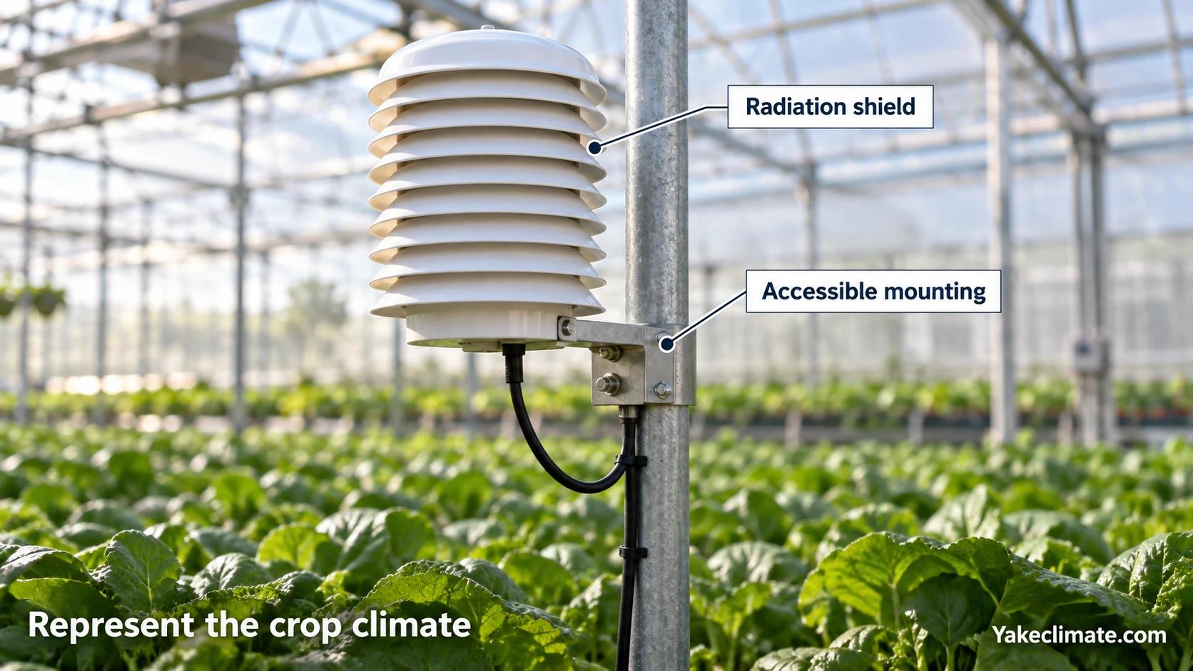 Greenhouse humidity sensor protected by a stacked radiation shield with an accessible mounting bracket and routed cable.