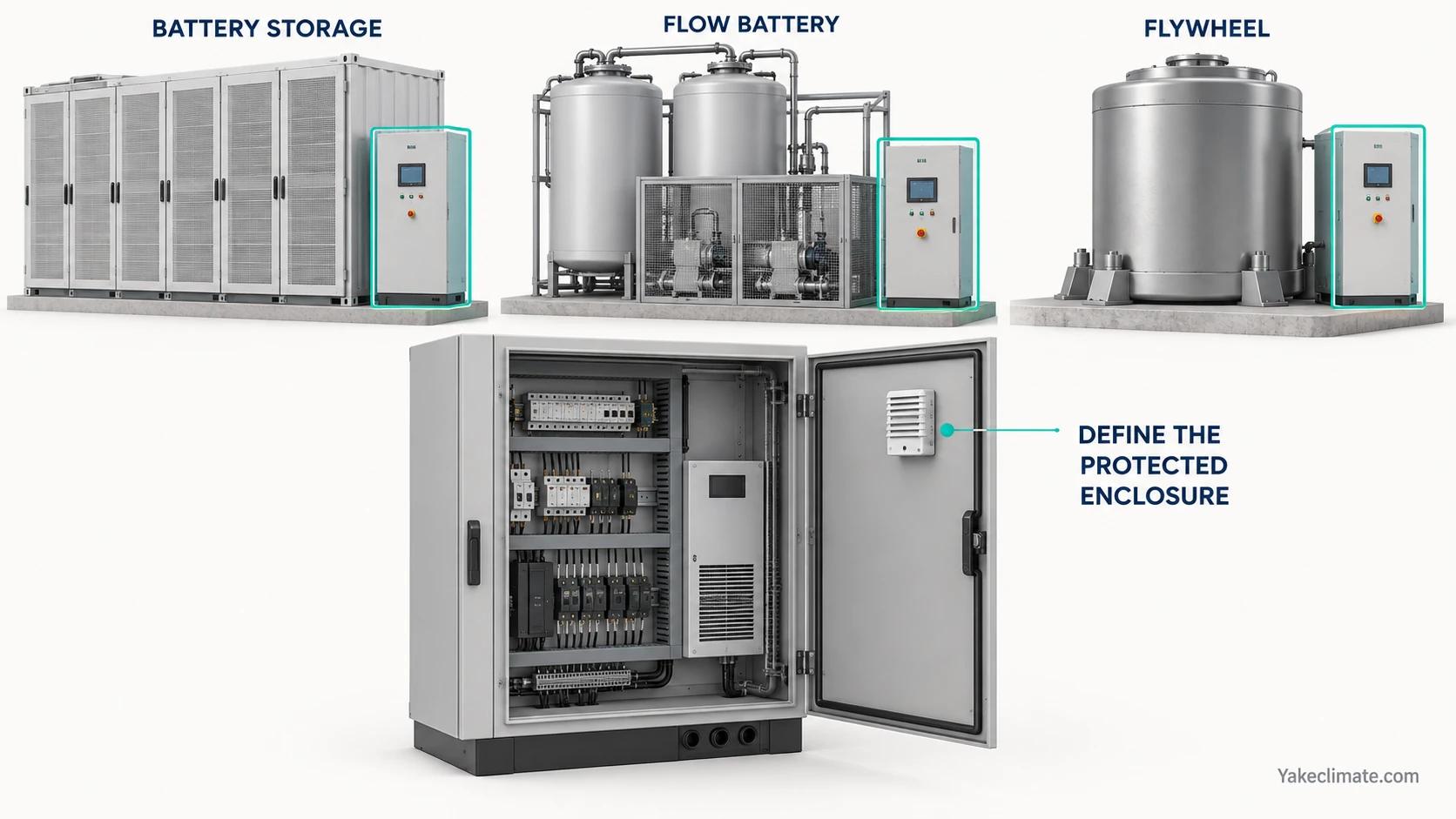 Control enclosures are highlighted beside battery storage, flow-battery and flywheel equipment.