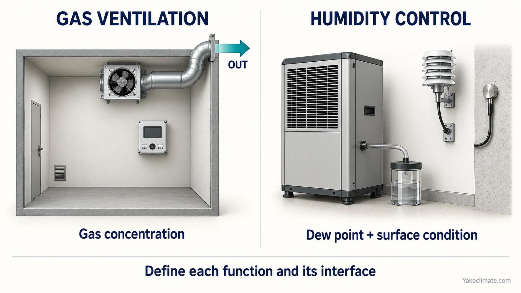 Gas detection and exhaust ventilation are separated from dew-point sensing and dehumidification.