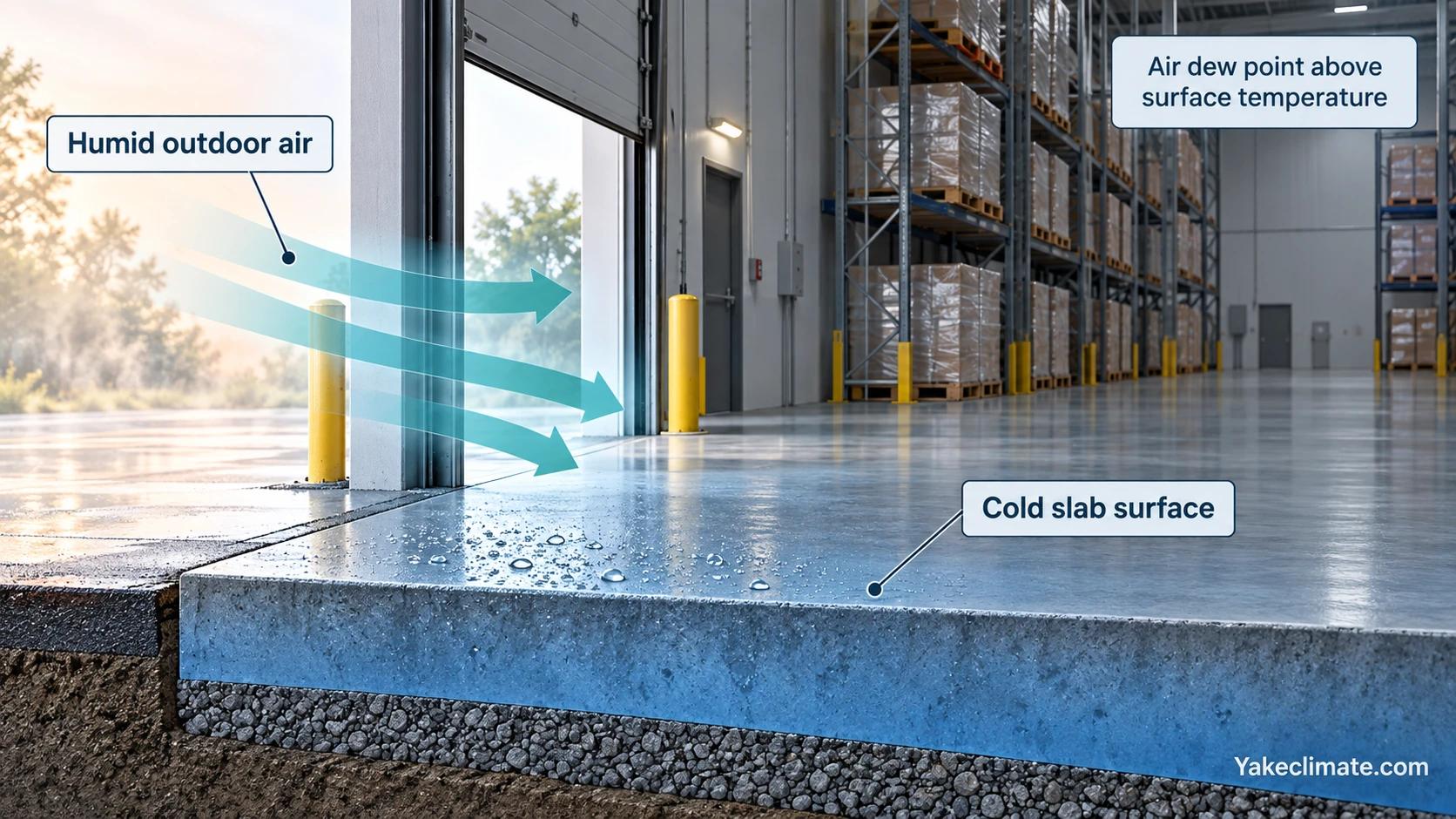 Humid outdoor air entering a warehouse dock and meeting a cold concrete slab surface.