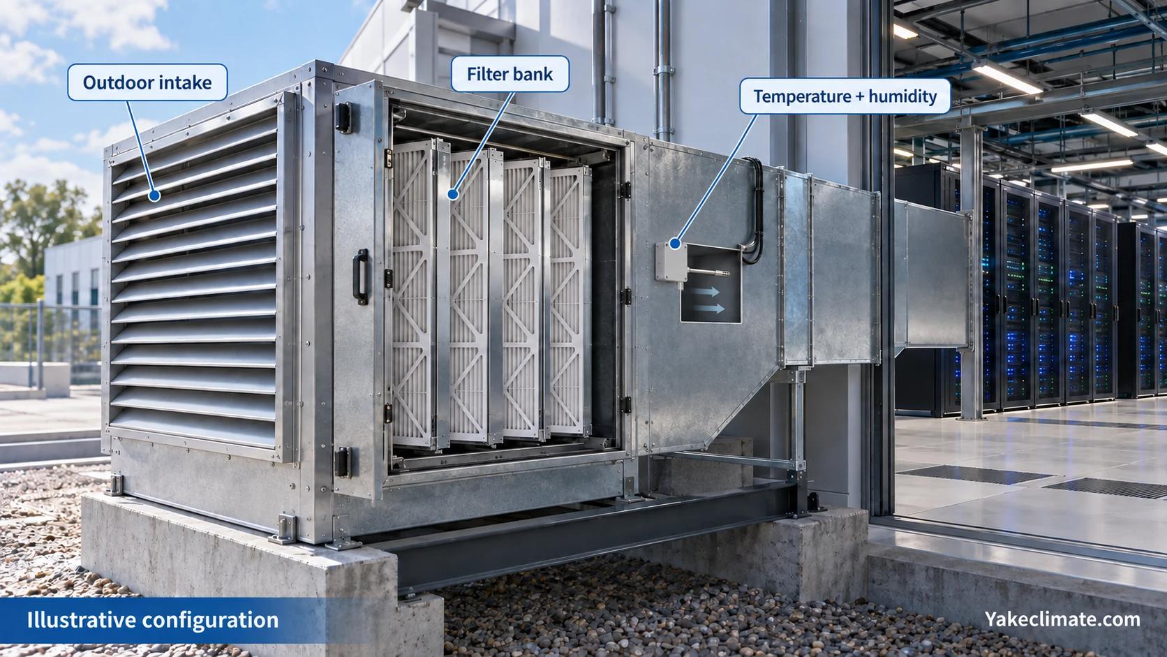 Illustrative data-center outdoor-air intake with weather louver, filter bank and a temperature and humidity probe inside the downstream duct.