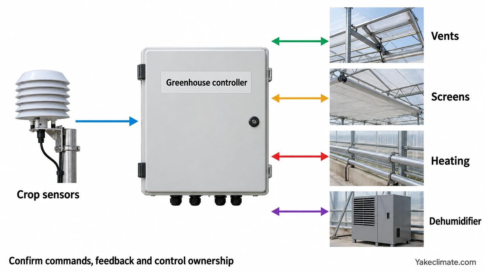 Conceptual diagram linking crop sensors to a greenhouse controller and showing command and feedback coordination with vents, screens, heating and a dehumidifier.