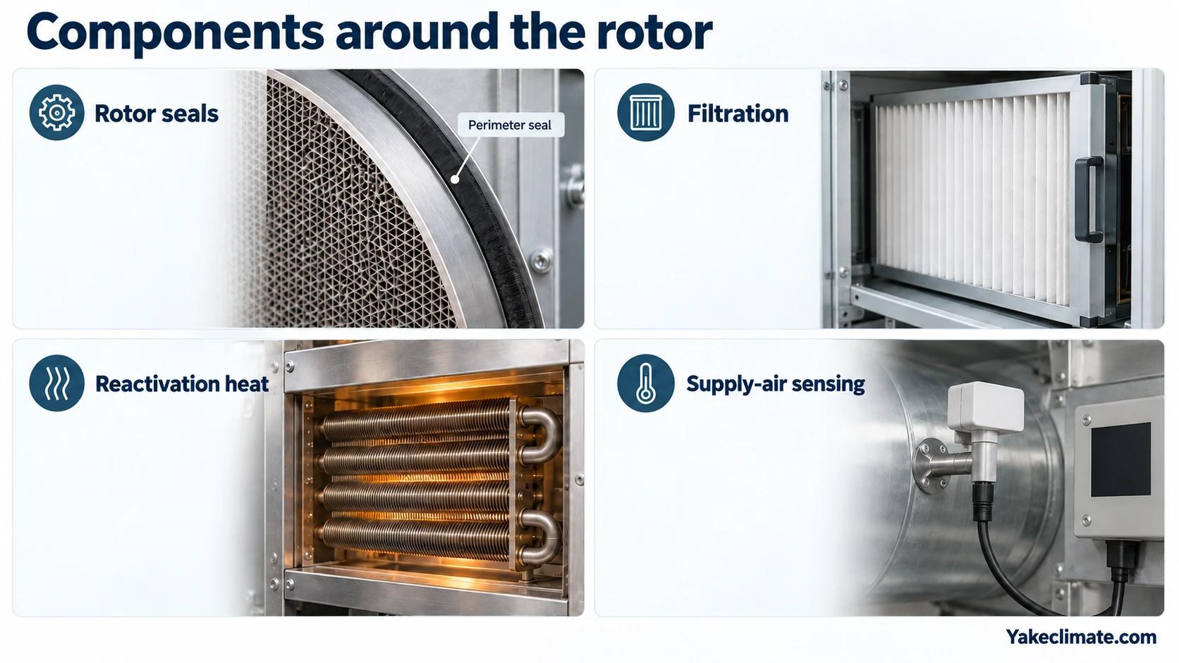 Close-up views of a rotor perimeter seal, pleated filter, reactivation heating coil and supply-air sensor.