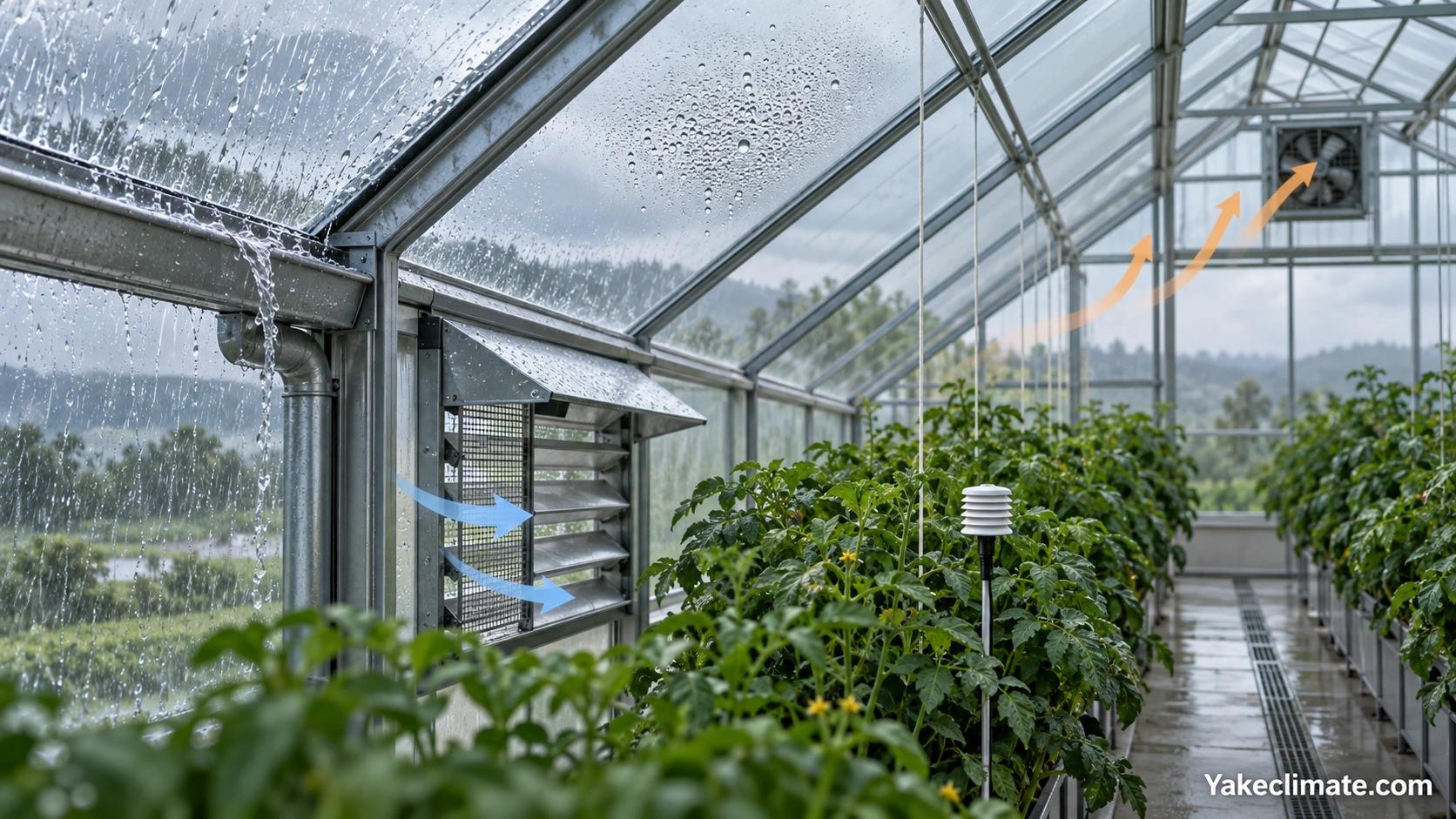 Conceptual greenhouse scene during rain with a protected side-air intake, crop-zone sensor, exterior water runoff and airflow arrows