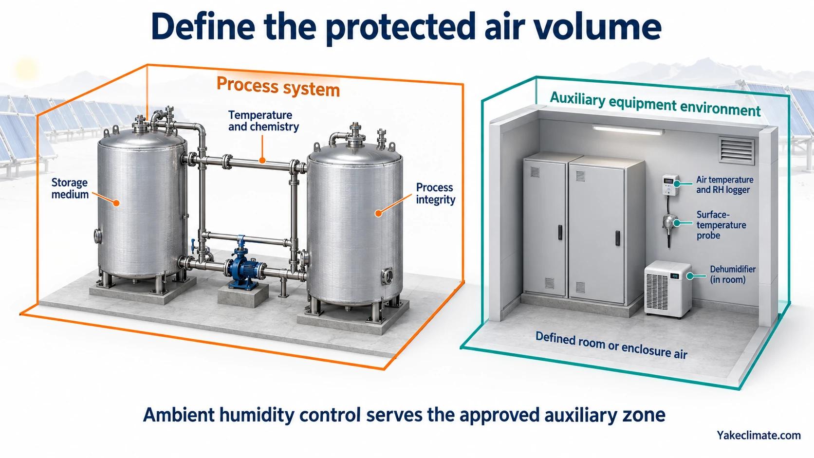 Solar thermal process tanks and piping separated from an auxiliary equipment room with local humidity monitoring and dehumidification.