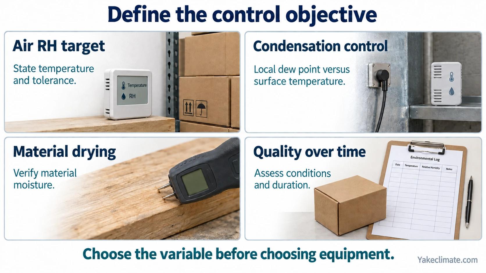 Four commercial humidity-control objectives: air RH, condensation, material drying, and quality conditions over time.