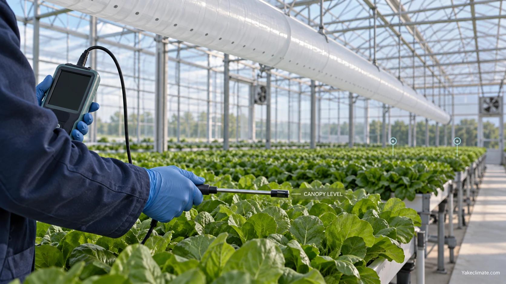 A technician holds an airflow probe near leaf-tip height beneath a greenhouse distribution tube.