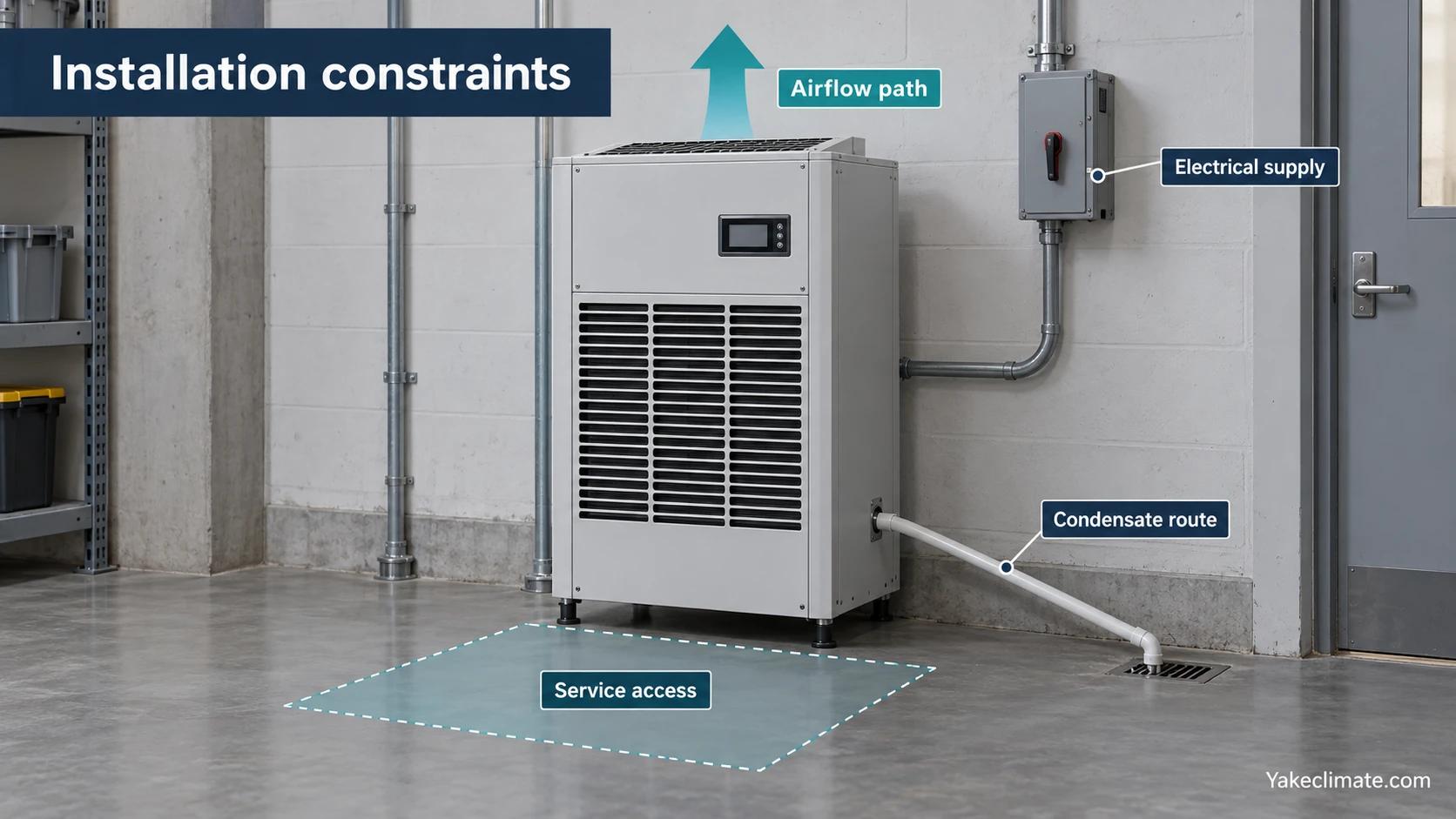 Generic floor-standing dehumidifier with labeled service space, sloped condensate route, electrical supply and airflow path.