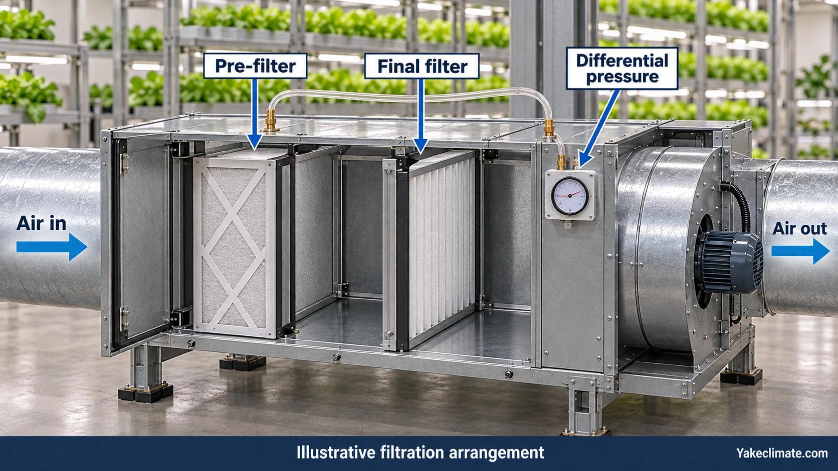 Illustrative grow-room air handler showing pre-filter, final filter, differential-pressure gauge and downstream fan.