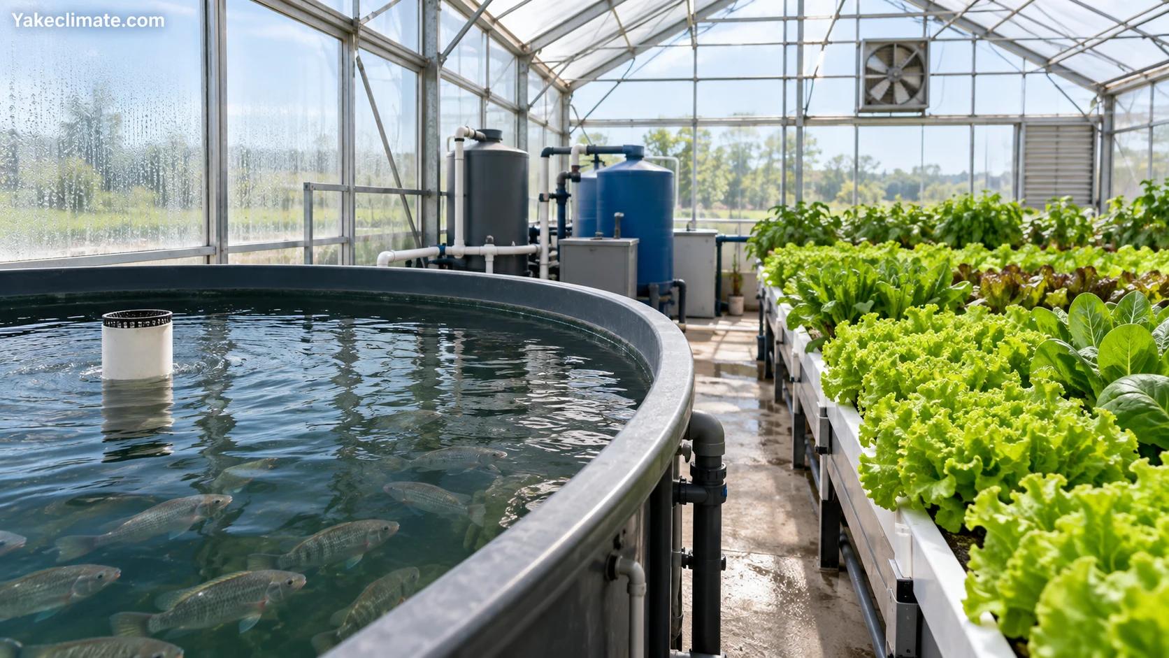 Conceptual illustration of an aquaponic greenhouse with an open fish tank and leafy plant zone sharing greenhouse air; not a Yakeclimate project photograph