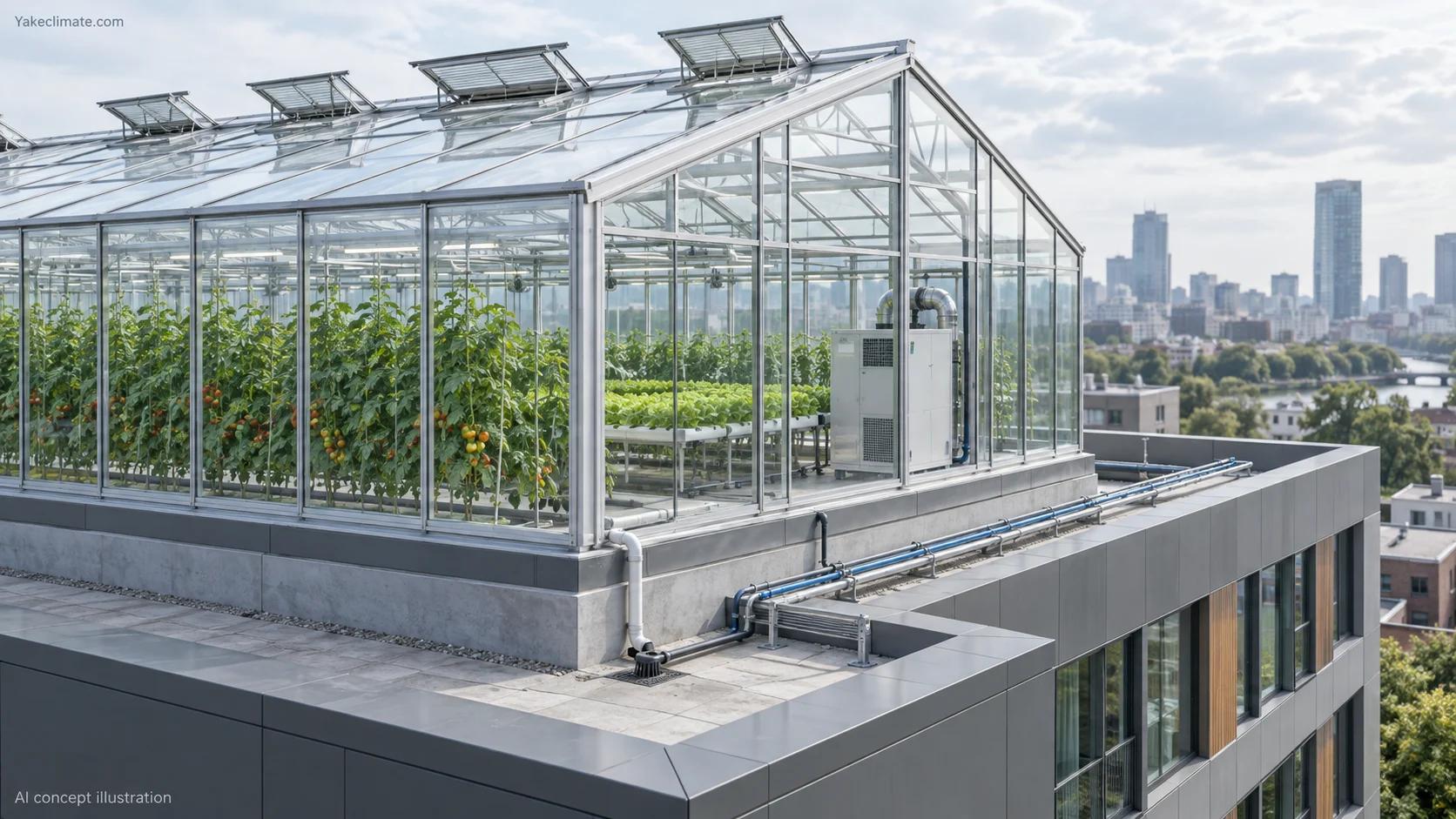 Conceptual illustration of a rooftop greenhouse above a building; not an actual Yakeclimate installation or approved structural, drainage or air-system design