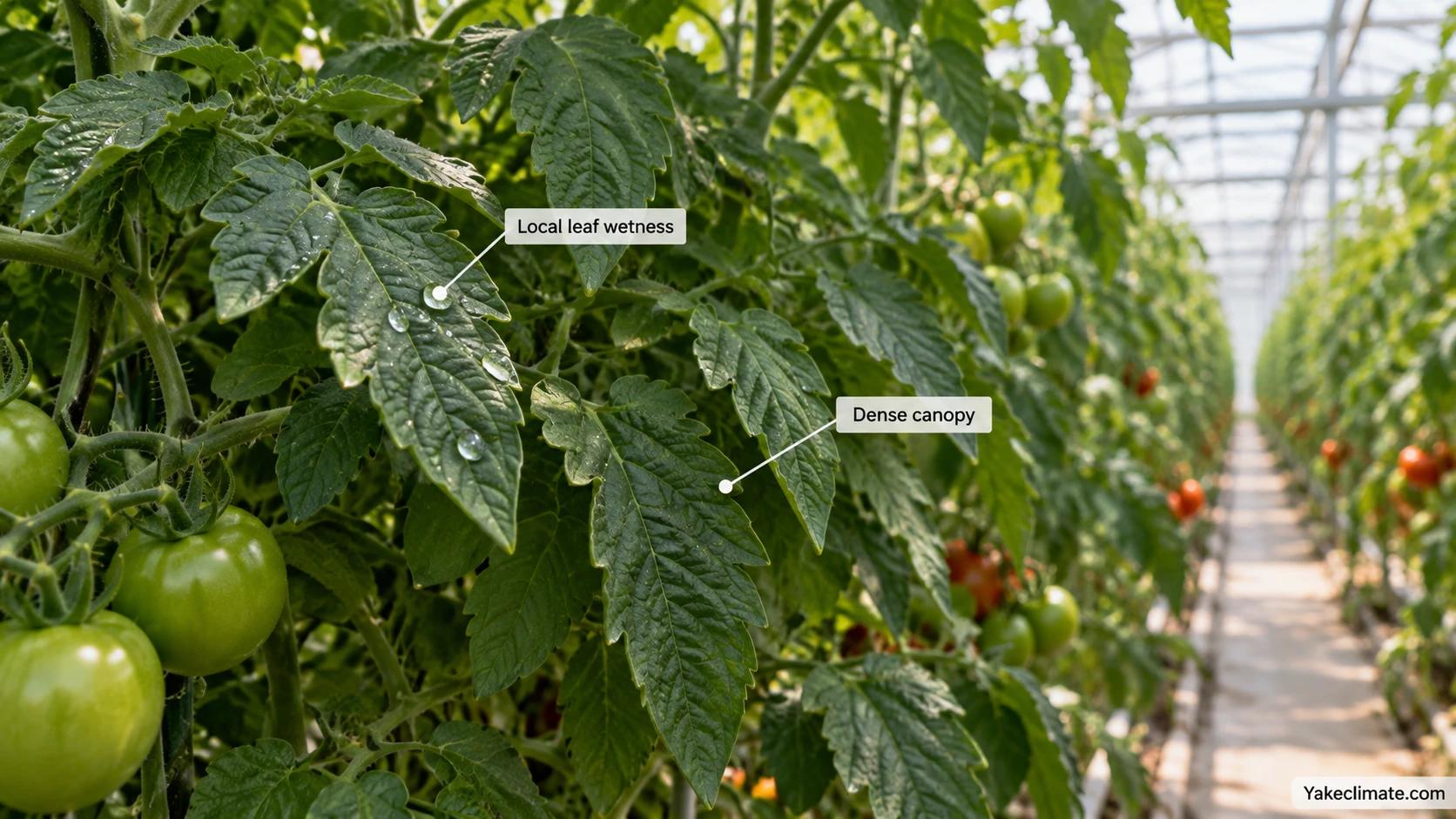 Illustrative close view of water droplets on tomato leaves within dense foliage, with the greenhouse aisle visible beyond the canopy.
