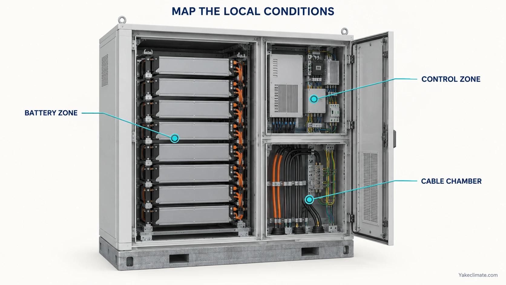 A conceptual BESS cabinet identifies separate battery, control and cable-chamber environmental zones.