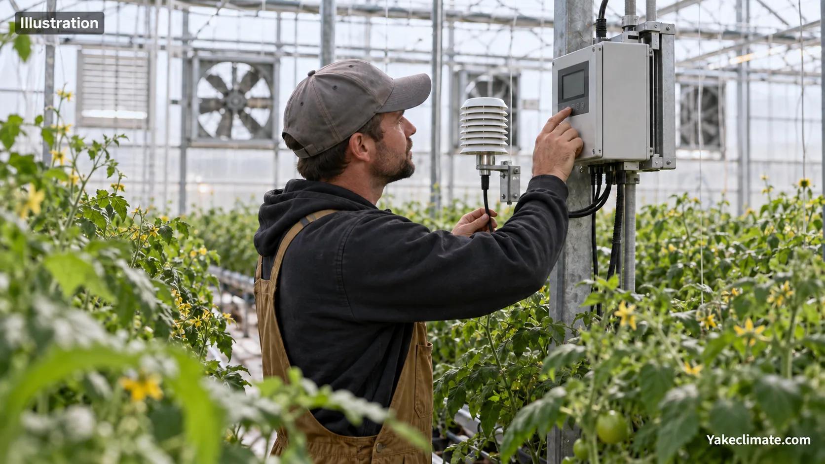 Illustration of a generic greenhouse controller and crop-zone sensor; not a Yakeclimate installation