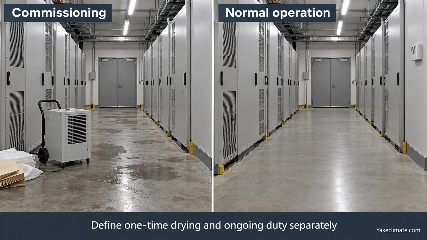 Illustrative comparison of a commissioning aisle with drying equipment and damp surfaces against a dry aisle during normal operation.