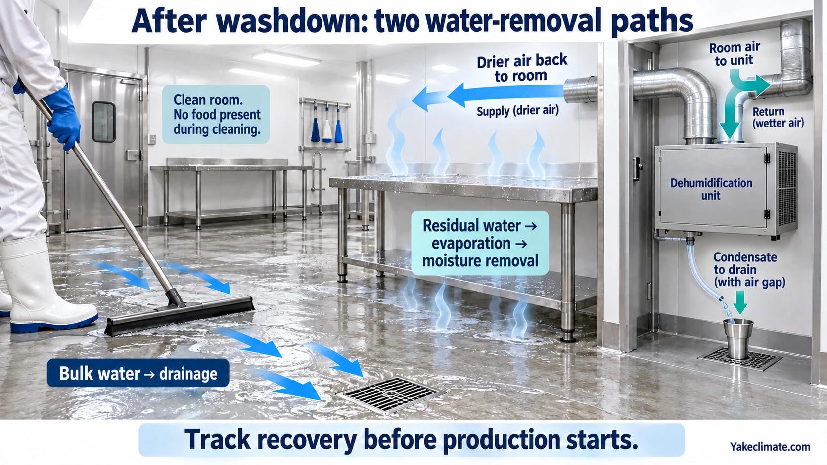 Food-room washdown illustration separating squeegeed bulk water sent to drains from residual evaporation removed by dehumidification.