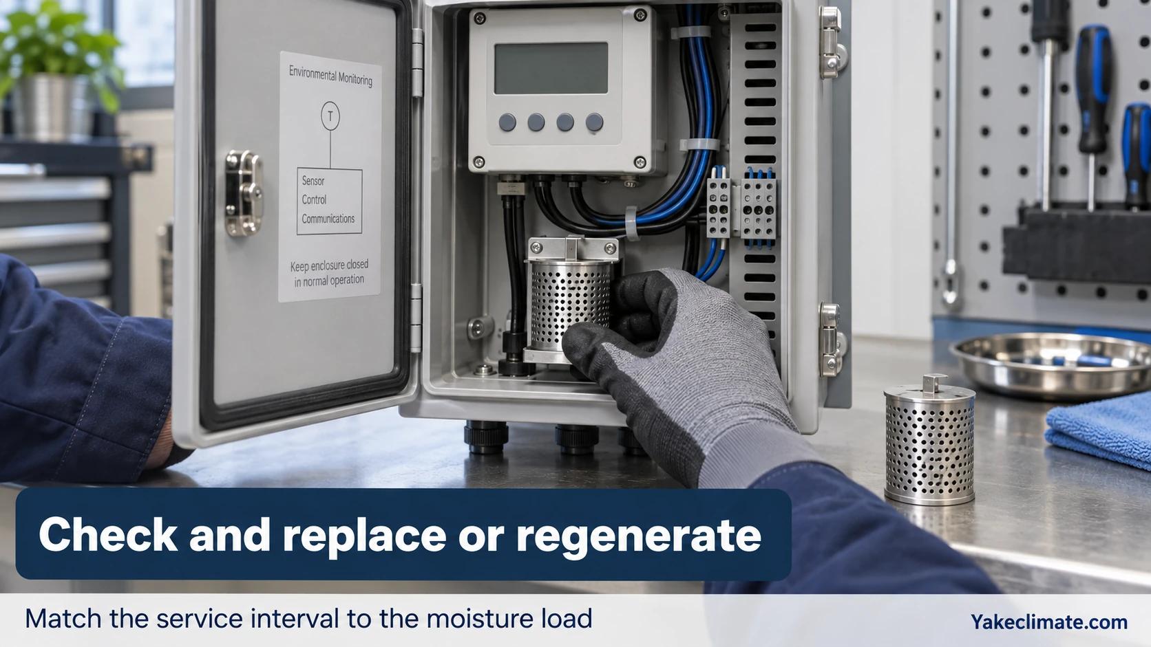 Illustrative maintenance of a passive desiccant holder inside a small instrumentation enclosure, with a replacement holder on the bench.
