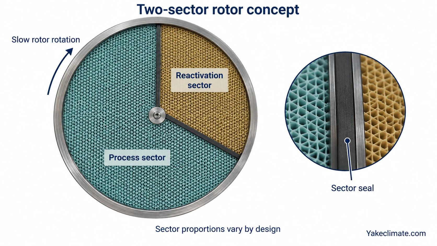 Conceptual two-sector desiccant rotor face with a larger process sector, smaller reactivation sector and sector-seal detail.