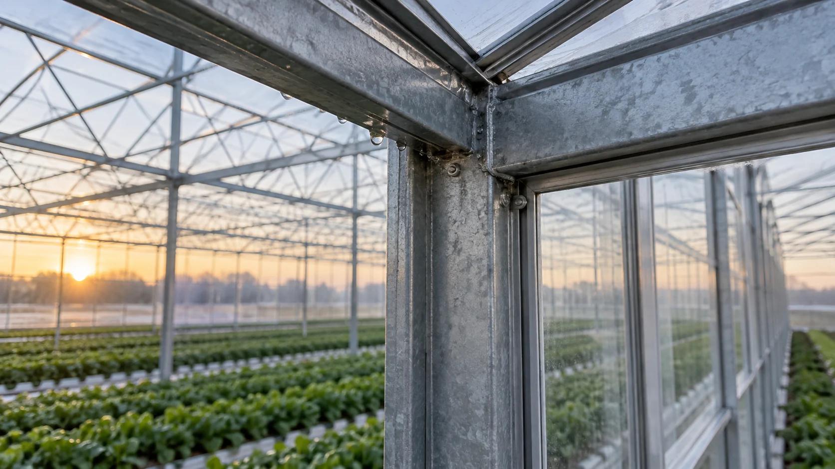 Conceptual greenhouse metal frame junction with droplets; the water source is unverified