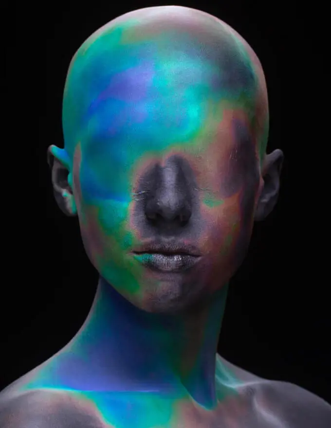 Eyeless person with pearlescent skin AI image