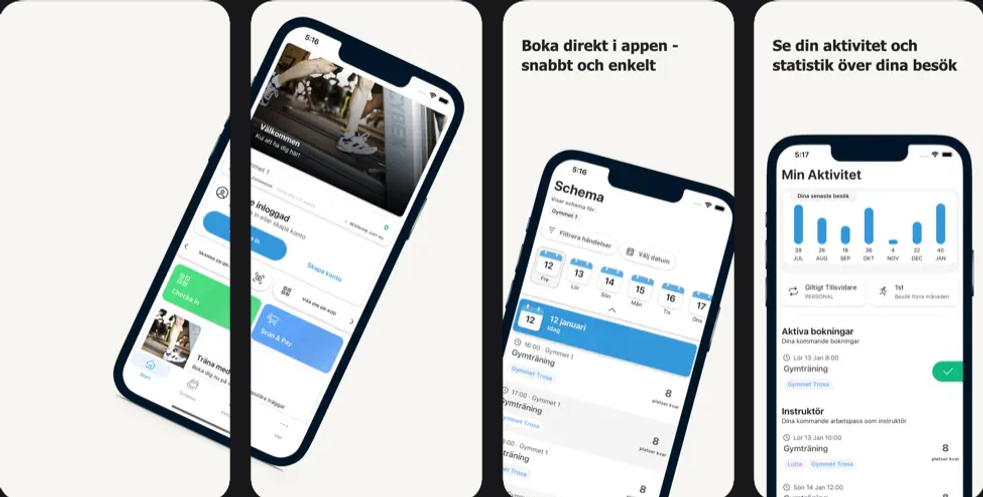 fyra skärmdumpar av en app som heter bokadirekt i appen