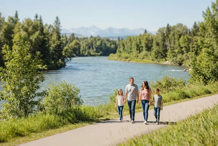 Family of four walking along a paved riverside path surrounded by trees, with a wide river and distant mountains in the background on a sunny day.