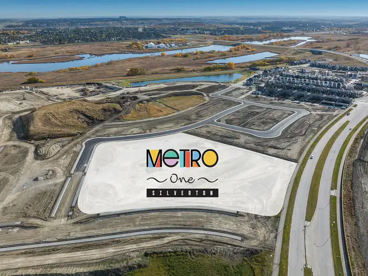Aerial view of the Metro One development in Calgary, Alberta, highlighting buildings and surrounding landscape.  