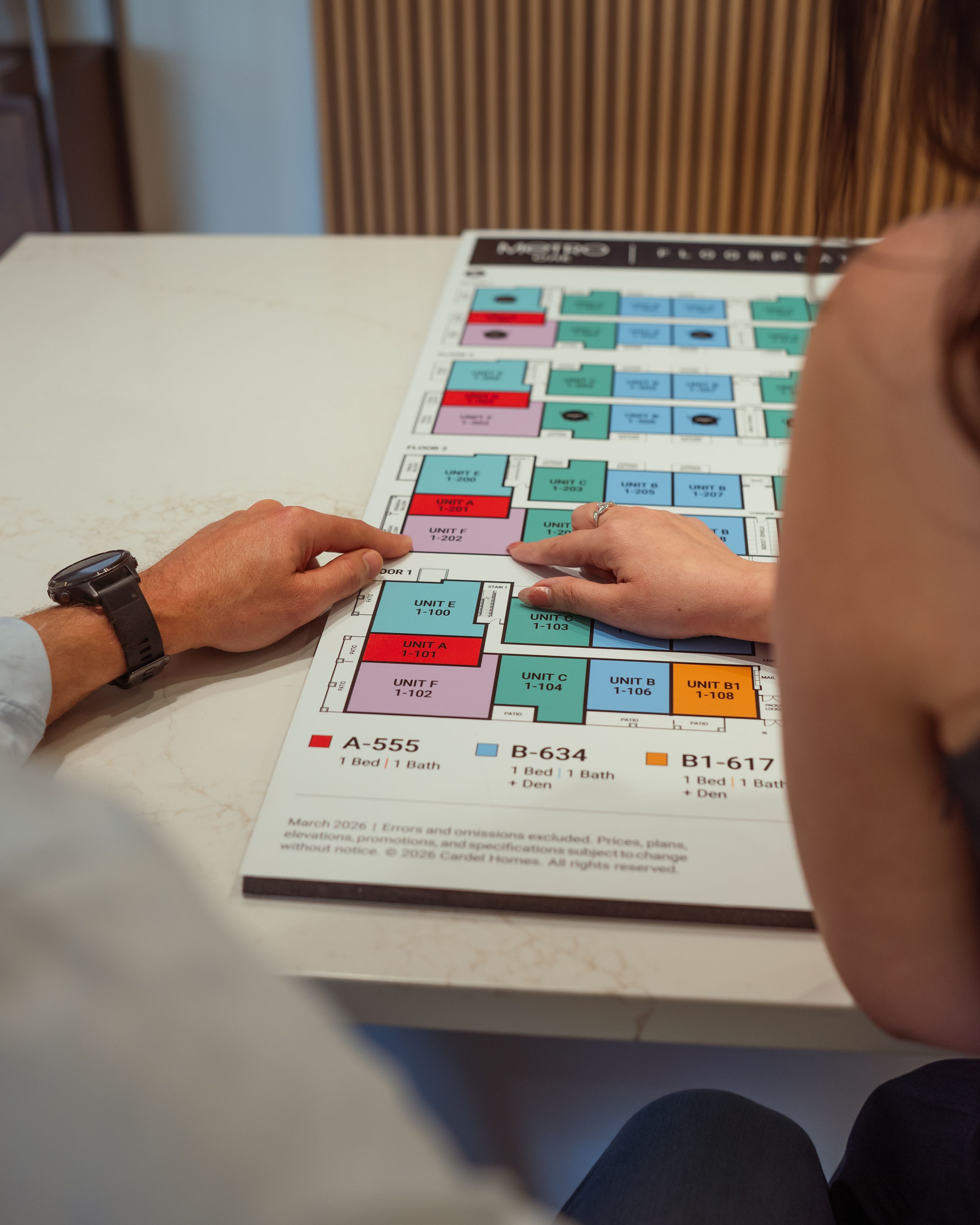 Homebuyer reviewing a floorplate with a Cardel Homes sales associate.