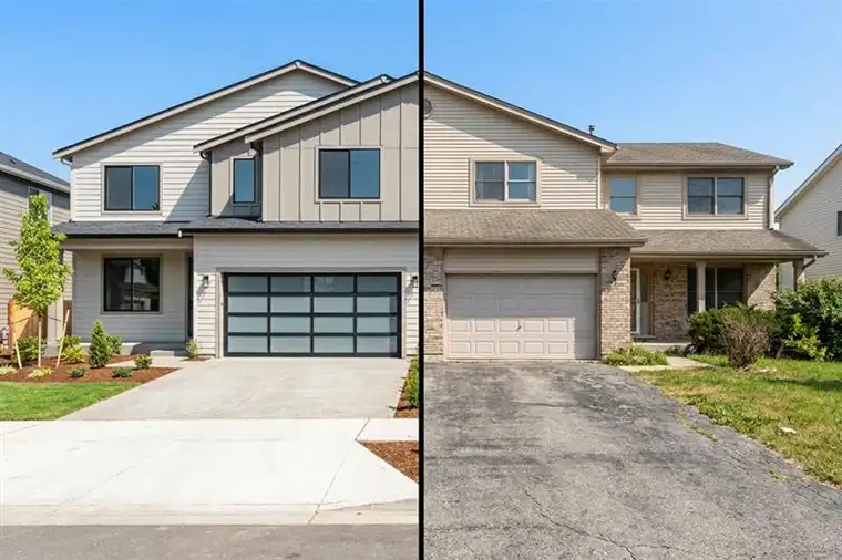 Split image comparing two suburban two-storey houses: on the left, a modern new home with clean siding and a glass-panel garage door; on the right, an older house with brick and siding, a traditional garage door, and a worn driveway.