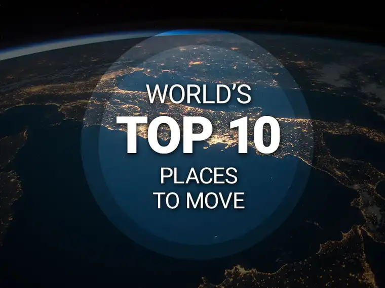 An infographic displaying the world's top 10 places to move, with visuals and brief descriptions of each destination's appeal. 