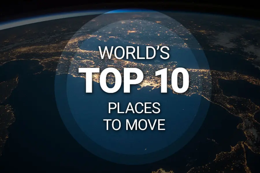 An infographic displaying the world's top 10 places to move, with visuals and brief descriptions of each destination's appeal. 