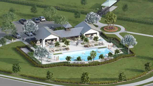 Rendering of Club Coasterra with a resort-style pool, clubhouse and outdoor gathering spaces.